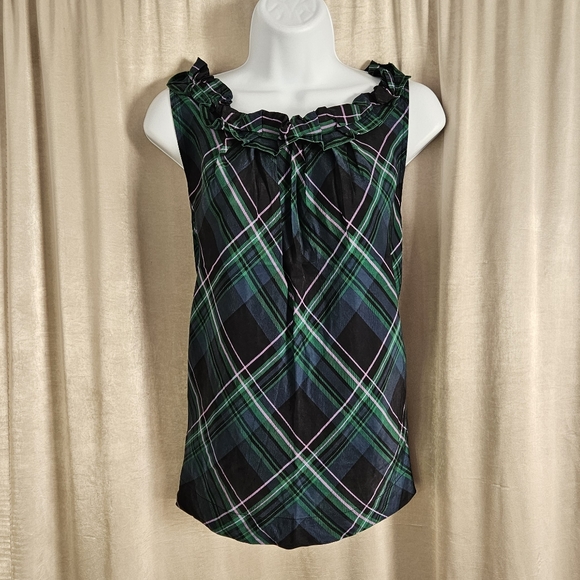 Talbots green blue & black plaid silk ruffled shell blouse top Womens 14 - Picture 4 of 7